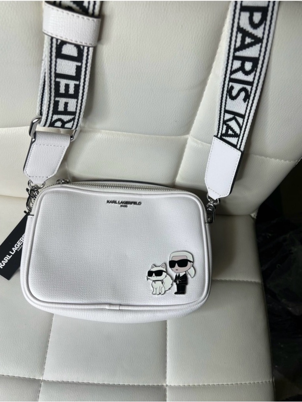 Karl Lagerfeld White Crossbody Camera Bag with Black & White Logo Strap